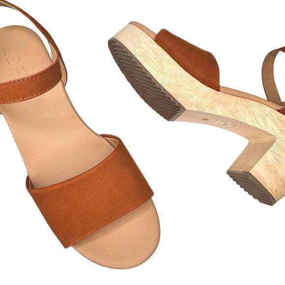 Ann Taylor LOFT Cognac Suede Leather Wooden Platform Clog Sandals Size 7.5 NIB - Picture 4 of 11